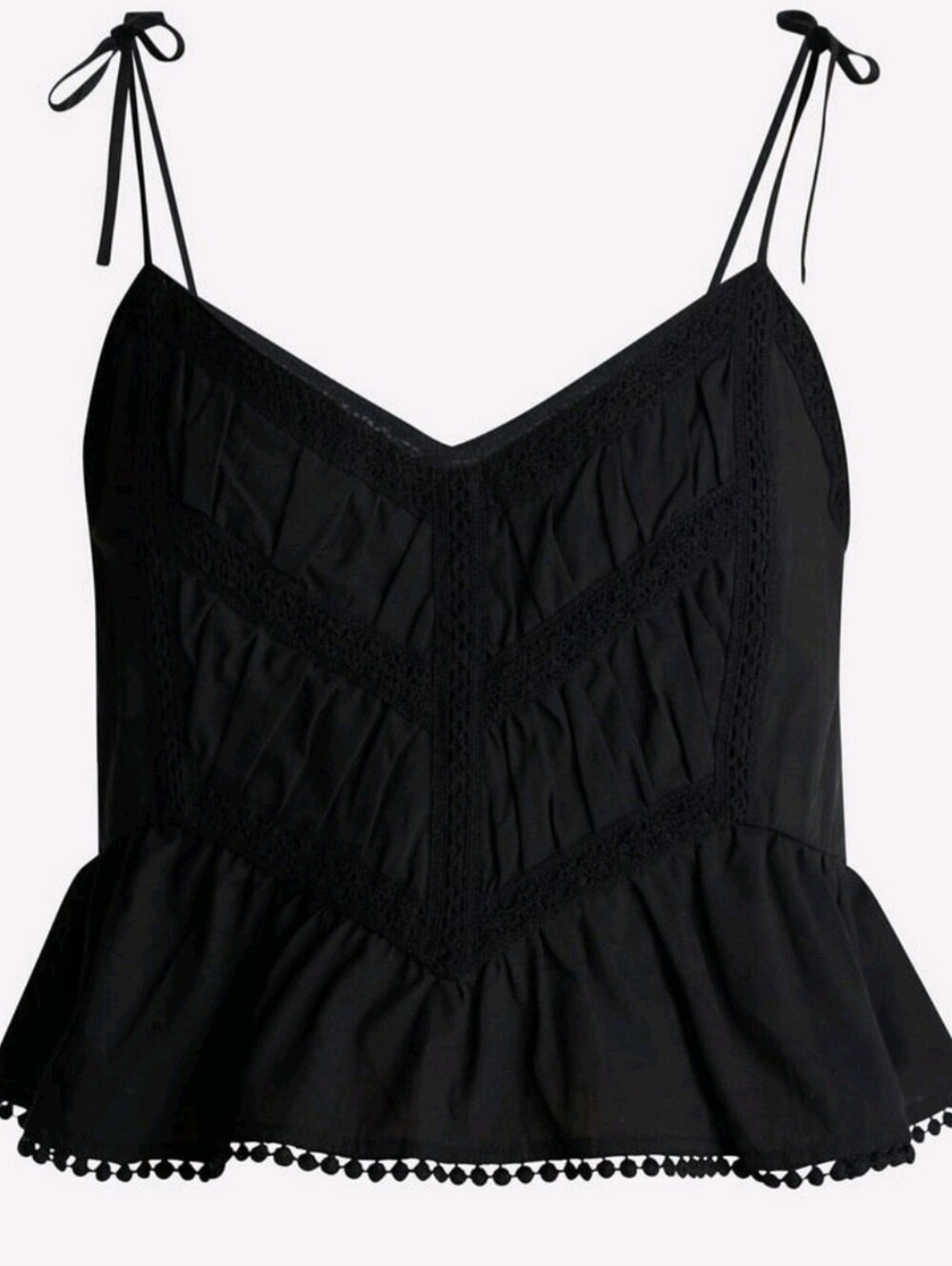 Black Tie-Shoulder Lace Trim Peplum Tank Large